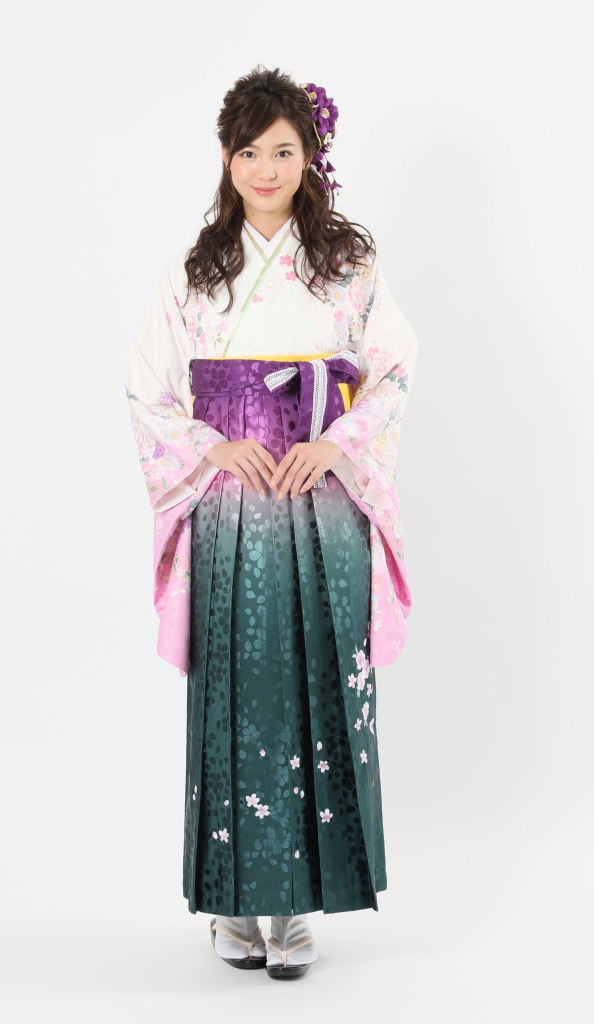 卒業袴HC-025（宅配レンタル）緑色紫色ぼかし刺繡袴