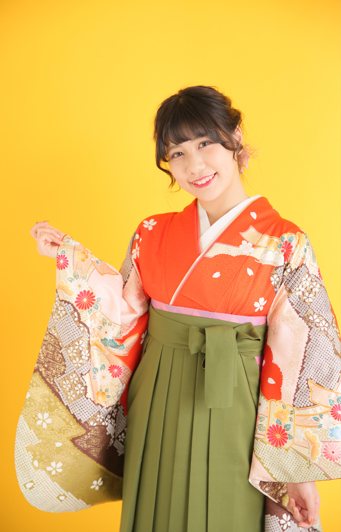 卒業袴KK-006（宅配レンタル）オレンジ色古典柄着物