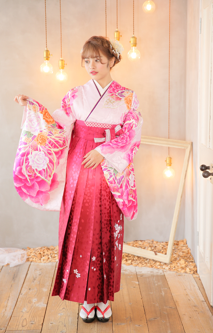 卒業袴KK-008（宅配レンタル）エレガントピンク色の着物